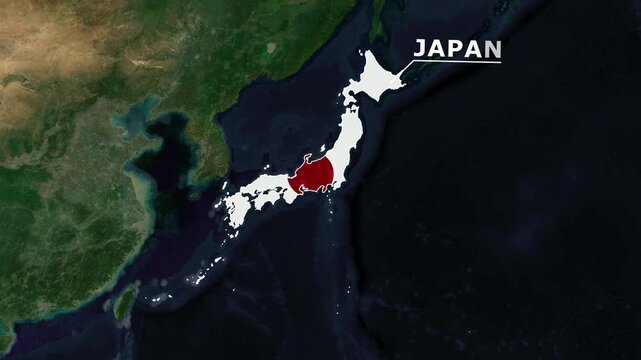 Zoom from Earth to Japan. (Country Flag) World map animation with highlighted country borders. Satellite 3d world map animation highlights aerial views, tourism, and travel. 4k