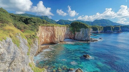 Coastal cliffs, turquoise water, lush greenery