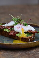 Avocado Toast with Poached Eggs, Bacon and Microgreens – Gourmet Breakfast Close-Up
