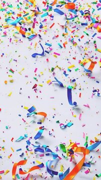 Photorealistic depiction of confetti and streamers scattered on a white surface