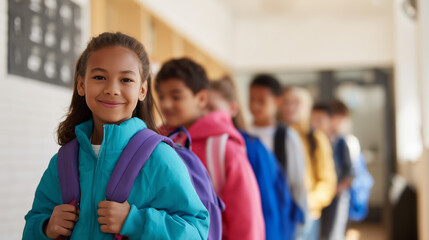 Young latina girl smiling while standing in a row of students on back to school day wearing casual clothes.