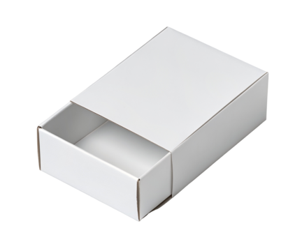 Simple and sleek white cardboard box with open sliding drawer in isolated design on black surface