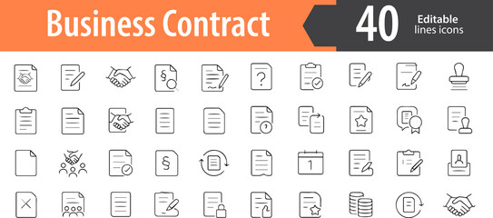 Business Contract Line Icons, Agreement, Signature, Legal Document, Handshake, Terms and Conditions, Editable Formats: AI, EPS, PNG, Ideal for Both UI and Print Media Use
