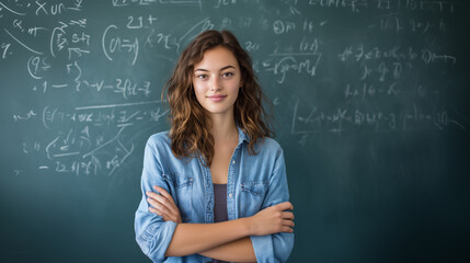 High school girl wearing denim jacket standing in front of chalkboard filled with math formulas showing proud intelligent expression. 