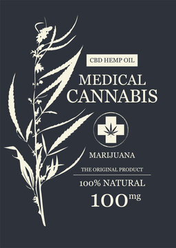 Eco vector banner or label for medical marijuana or hemp cbd oil with hemp pattern. T-shirt design. Print for fabric. Advertising billboard, poster. Not used AI