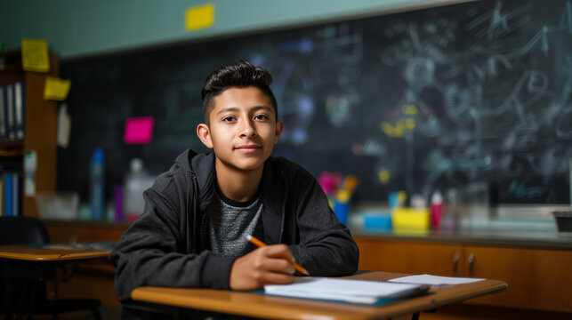 Young latino male student sitting at desk writing in classroom with blackboard full of drawings and formulas in background. 
