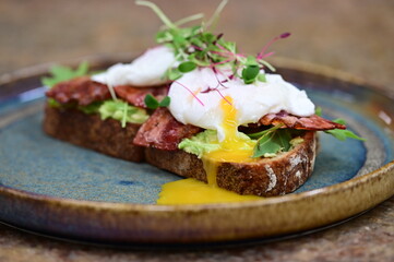Avocado Toast with Poached Eggs, Bacon and Microgreens – Gourmet Breakfast Close-Up