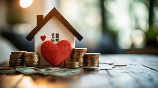 A small house and heart sit on a table with stacks of money. This shows how family tax benefits and home loans relate to owning a home.
