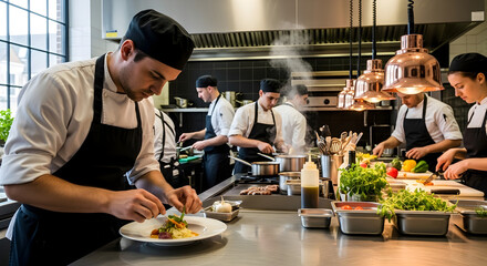 Chef Garnishing Dish in Busy Restaurant Kitchen