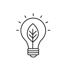 Eco Light Bulb Line Icon – Sustainable Energy Symbol with Leaf and Radiating Lines