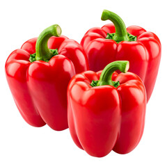  Group of Three Red Bell Peppers in Dynamic Diagonal Layout, Shadowed Composition, Isolated PNG