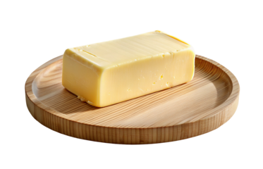 Block of fresh creamy butter on rustic wooden board for cooking or baking ingredient photographs