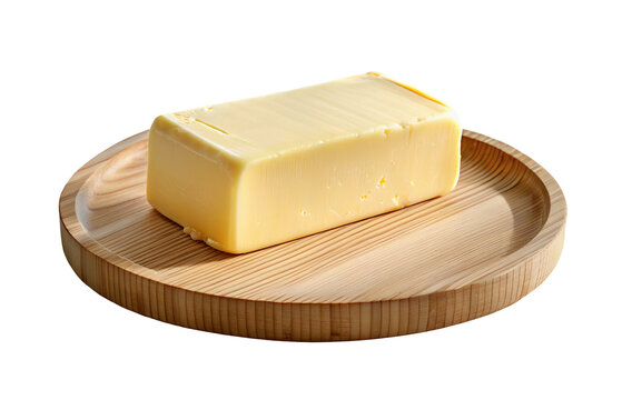 Block of fresh creamy butter on rustic wooden board for cooking or baking ingredient photographs