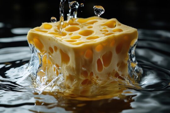 A yellow sponge bobs in water as droplets splash around it, capturing a moment of playful chaos