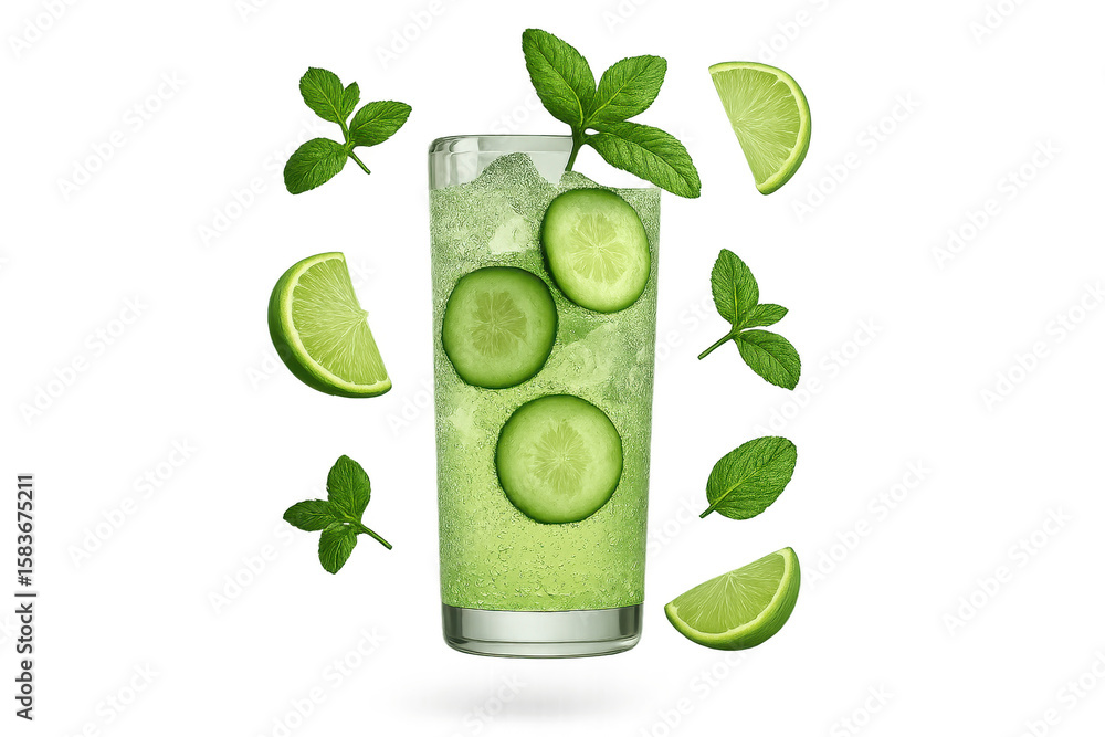 Poster refreshing cucumber and lime drink in a glass, isolated on transparent background