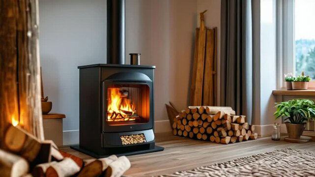 Room with a pellet and wood stove for heating. Concept Pellet Stove, Wood Stove, Room Heating, Cozy Environment.