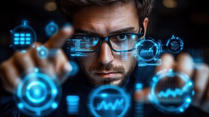 Focused man interacts with holographic interface