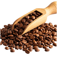 Spilled Coffee Beans with Wooden Scoop, Dynamic Scatter Composition, isolated