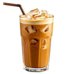  Iced Coffee in Transparent Glass with Condensation, Side View, isolated