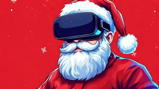 Santa in VR glasses. Christmas background. Christmas computer game..