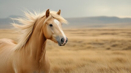 Naklejka premium Majestic wild stallion standing on open plains nature closeup serene environment dynamic viewpoint for stunning visual impact