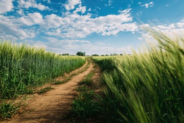 Obraz premium Field with a path in the middle, blue sky with clouds during summer day