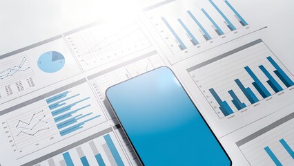 Smartphone Lying on White Desk Surrounded by Business Reports with Blue Charts and Graphs - Mobile Technology and Financial Analysis Concept