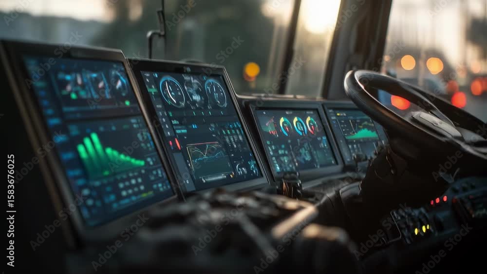 Poster multiple digital screens inside a modern vehicle are displaying various performance metrics and real