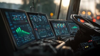 Multiple digital screens inside a modern vehicle are displaying various performance metrics and real time data, showcasing advanced technology and innovation in transportation - Powered by Adobe