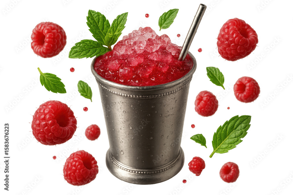 Poster iced raspberry cocktail with mint on transparent background, isolated and refreshing
