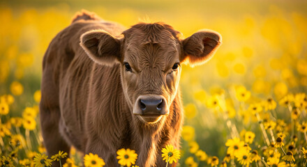 A young brown calf in a field of yellow flowers under warm sunlight.