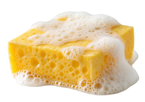 Yellow cleaning sponge with soapy foam for home kitchen cleaning and hygiene isolated closeup