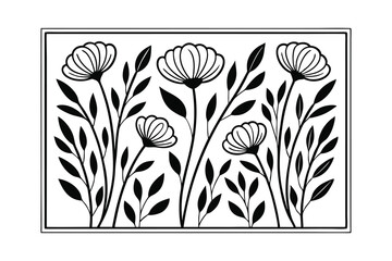 Elegant black and white floral illustration with stylized flowers and leaves