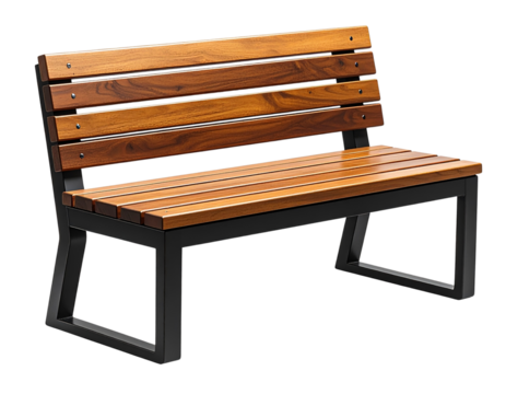 Modern Wooden Bench with Metal Legs, Side View, Clean Minimalist Design, isolated on transparent background