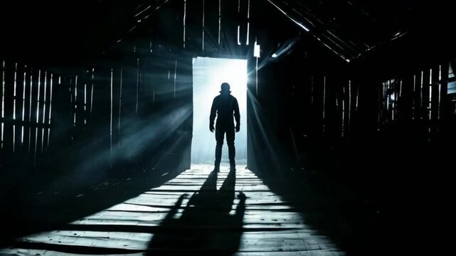 Shadow person in a dark barn, backlit silhouette, supernatural evil entity, wide banner.