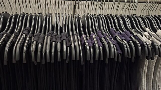 Close-up of hanging clothes on black plastic hangers arranged by color in clothing store. Rack with neatly organized garments in shades of black, gray, and white. Retail interio