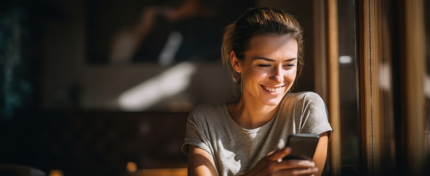 The woman enjoying her smartphone in a cozy coffee shop setting.