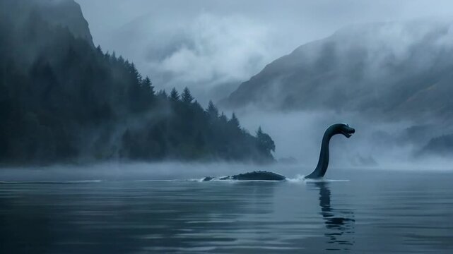 Sighting of the Loch Ness Monster in the fog, Scotland, artist's impression, cryptid.