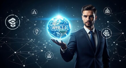 Businessman holding glowing Web 3 0 globe with network connections and icons