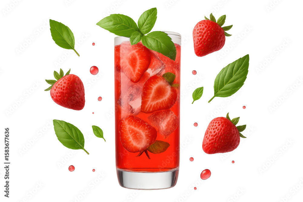 Poster refreshing strawberry cocktail with basil on transparent background for design