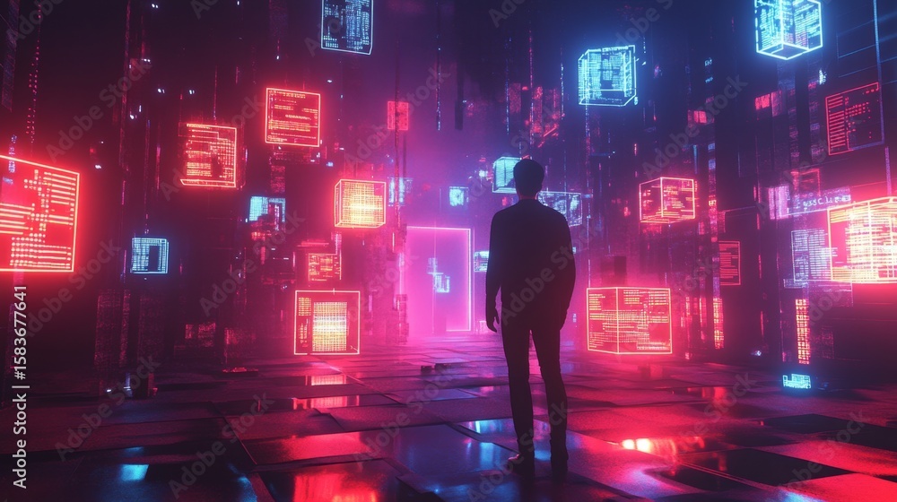 Poster glowing binary code dance cyberspace realm digital art futuristic environment perspective view cyber