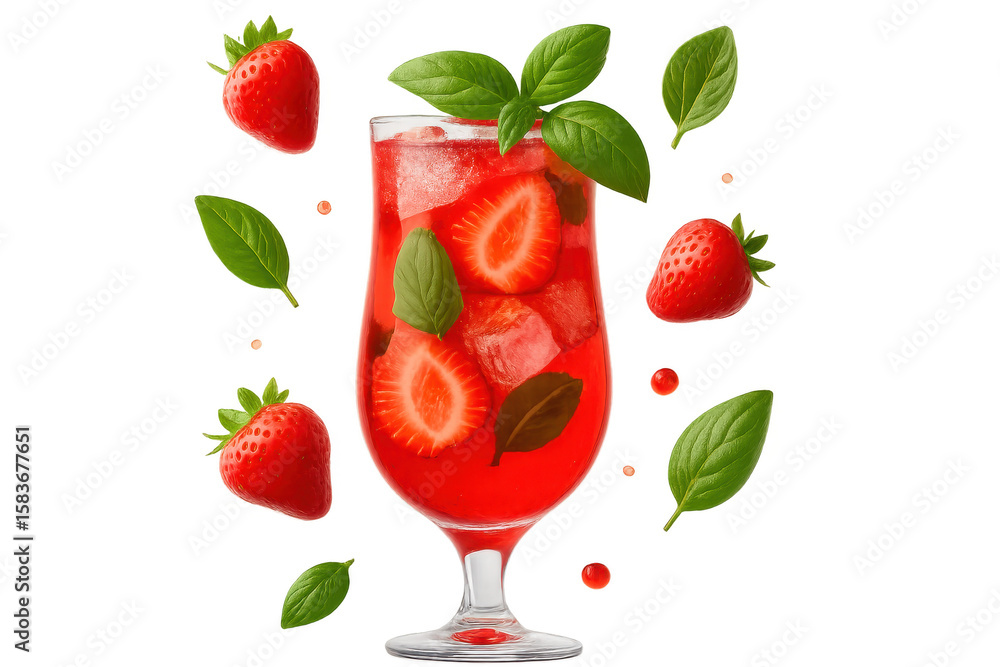 Poster refreshing strawberry cocktail with basil isolated on transparent background