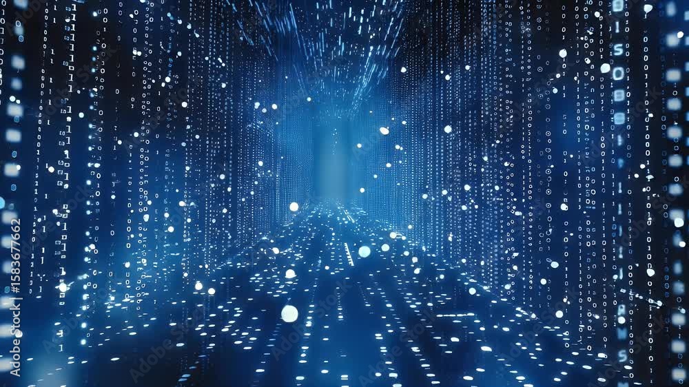 Poster glowing blue particles create a dynamic digital landscape in a futuristic space with depth and movem