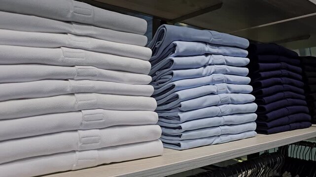 Stacks of folded t shirts arranged by color on wooden shelf in clothing store, neatly organized casual apparel in white blue and dark tones, retail display of basic garments in shop interior