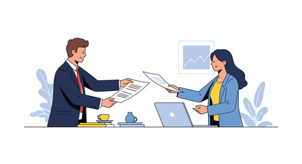 Fototapeta premium Two business professionals collaborating on documents in an office setting