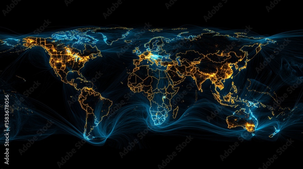Poster creating a comprehensive digital map of the world with illuminated features global reach interactive