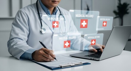 Medical Professional Analyzing Patient Records in a Modern Healthcare Setting with Digital Tools and Technology