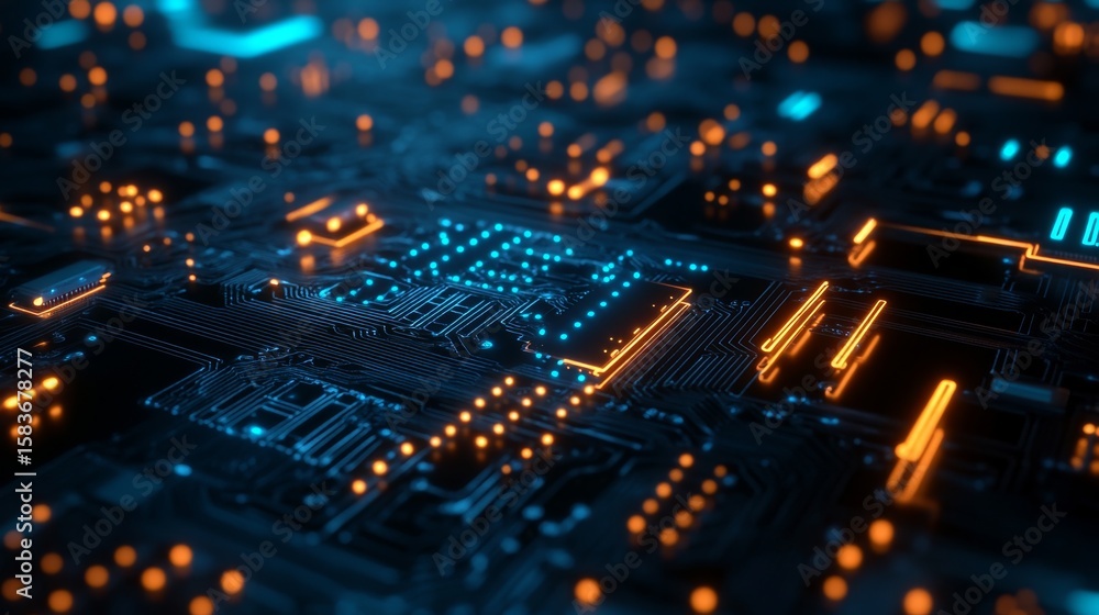 Poster exploring semiconductor nano circuits technology lab macro photography high-tech environment close-u