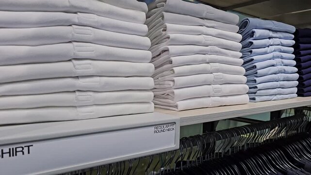 Stacks of folded white cotton t shirts neatly arranged on shelves in clothing retail store with label showing regular fit round neck section next to light blue shirts