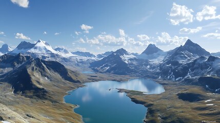 Naklejka premium Aerial view of a mountain lake surrounded by snow capped mountains and clouds